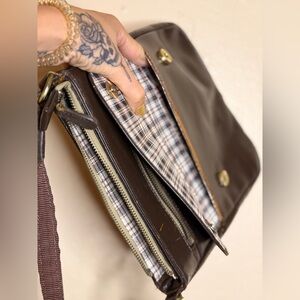 Vintage Brown Leather Crossbody Bag Plaid Lining